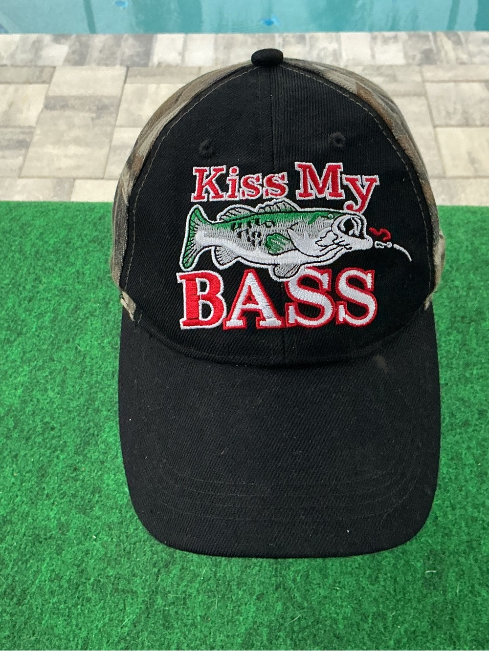 Kiss My Bass Embroidered Fishing Hat - Black with Camo